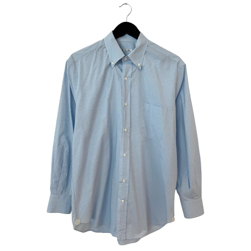 Loro Piana Long Sleeve Dress Shirt Blue Plaid 100% Cotton Italy‎ FLAW 16.5-42